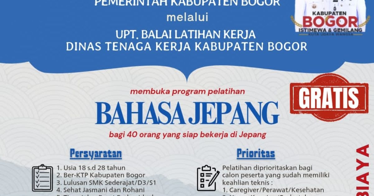 Disnaker Kabupaten Bogor membuka pelatihan Bahasa Jepang gratis bagi 40 peserta yang dipersiapkan bekerja di Jepang. Kadisnaker Nana Mulyana menyebut kuota bisa ditambah jika antusias masyarakat tinggi.