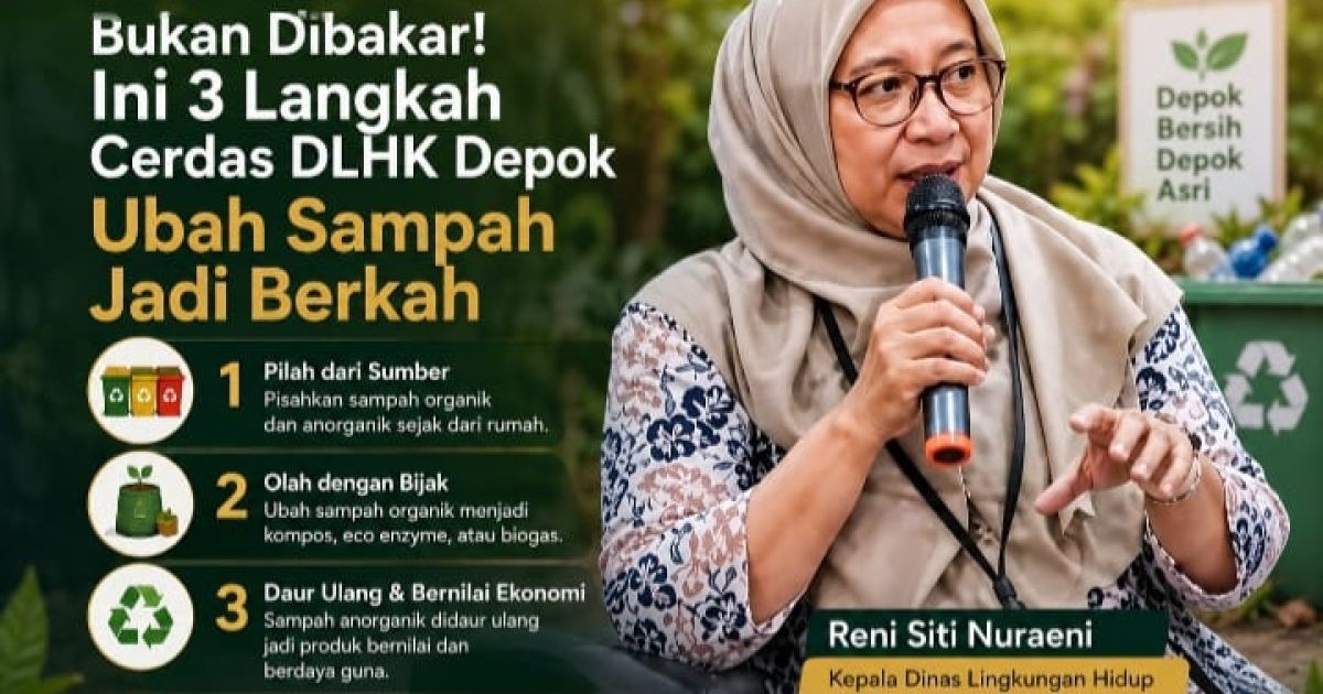 DLHK Kota Depok mengimbau masyarakat menghentikan kebiasaan membakar dan menimbun sampah. Warga diajak mengelola sampah dari rumah melalui pemilahan, kompos, bank sampah, dan Gerakan Ember Biru.