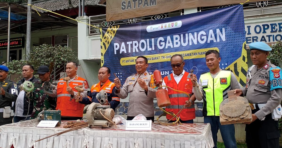 Patroli gabungan selama tiga hari di kawasan IUP PT ANTAM UBPE Pongkor berhasil menutup 20 akses tambang emas ilegal, membongkar puluhan gubuk dan gelundung, serta mengamankan berbagai peralatan PETI.