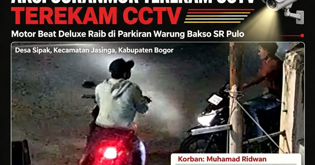 Satu unit Honda Beat Deluxe milik warga Jasinga, Kabupaten Bogor, raib dicuri saat diparkir di area Warung Bakso SR Pulo. Aksi pelaku terekam CCTV.