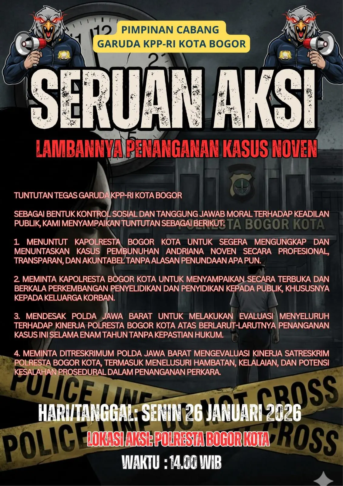 Kasus Andriana Noven Mandek 7 Tahun, Garuda KPP-RI Bogor Bakal Gelar Aksi di Polresta