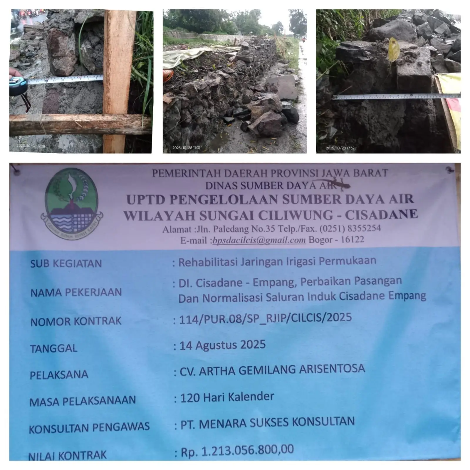 Pondasi dan Kualitas Pasangan Batu di Proyek Rehabilitasi Irigasi Cisadane Patut Dipertanyakan
