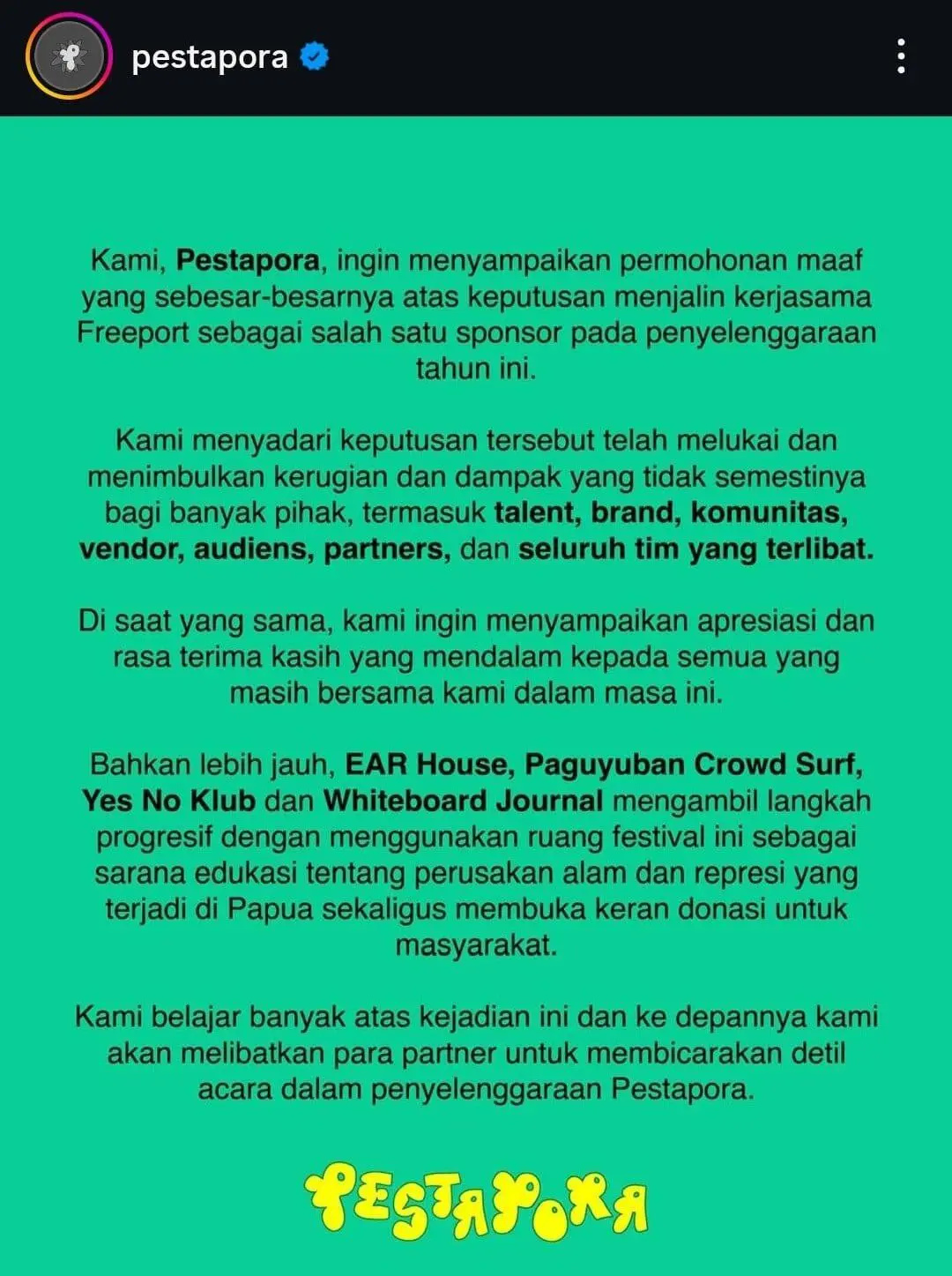 Deretan Musisi Mundur, Pestapora 2025 Akhiri Sponsorship dengan Freeport