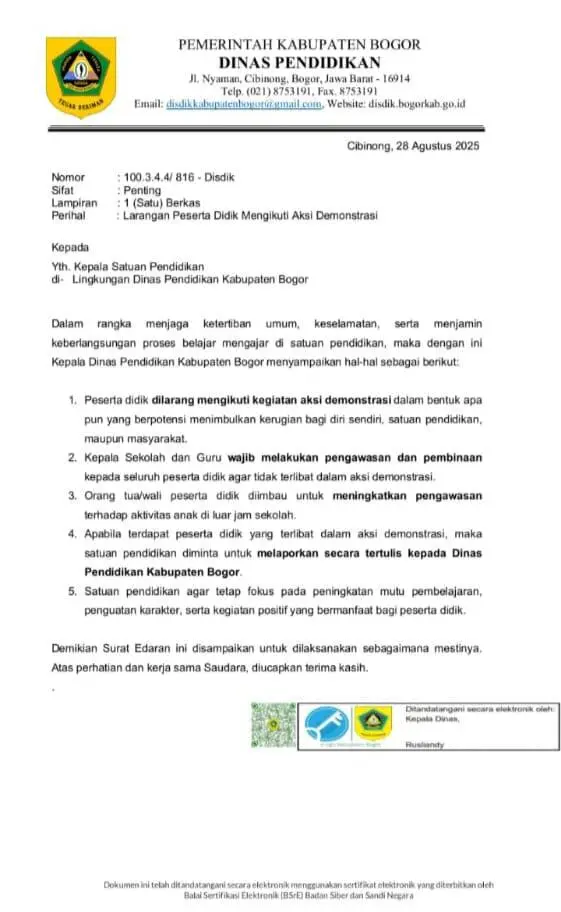 Disdik Kabupaten Bogor Larang Siswa Ikut Demo, Fokuskan Diri pada Belajar dan Prestasi