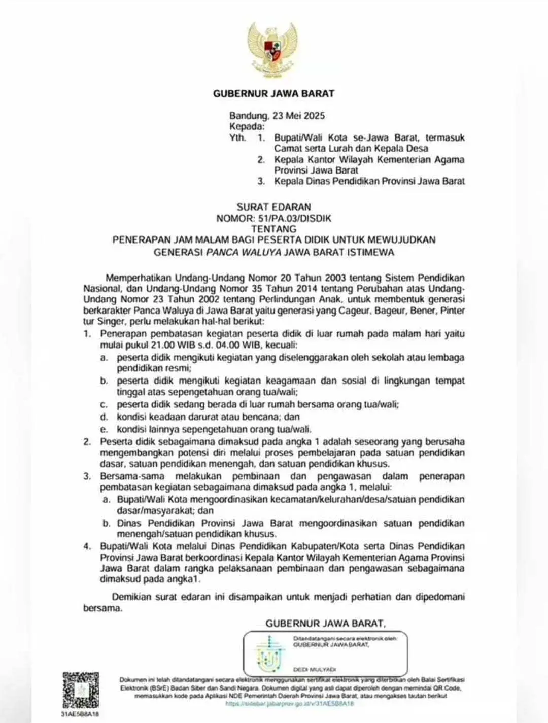 Mulai Pukul 21.00, Pelajar Jabar Dilarang Keluar Malam: Ini Tujuan dan Aturannya