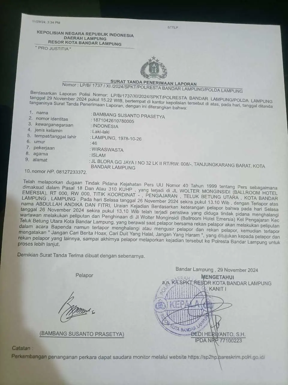 Usir Wartawan Yang Melakukan Peliputan, Oknum Satpam Hotel Emersia Dilaporkan Ke Polisi 