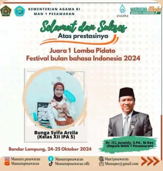 Bunga Syifa Arzila Siswi MAN 1 Pesawaran Raih Juara 1 Lomba Pidato di Festival Bulan Bahasa Indonesia 2024