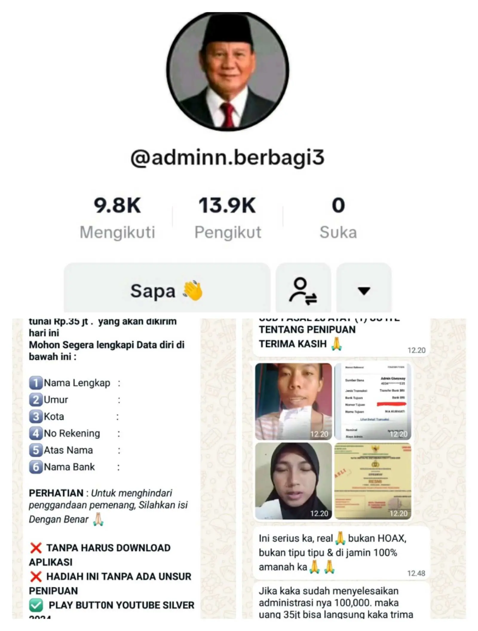 Waspada! Modus Penipuan Mengatasnamakan Presiden Terpilih Prabowo di Tiktok