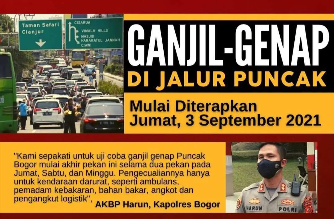 Uji Coba Ganjil Genap di Jalur Puncak Bogor Dimulai Akhir Pekan Ini
